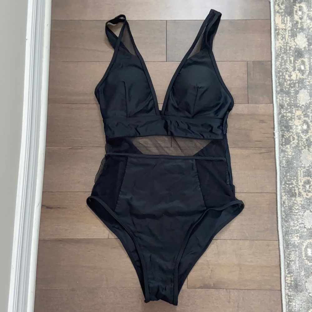 Black CUPSHE one piece with mesh detail